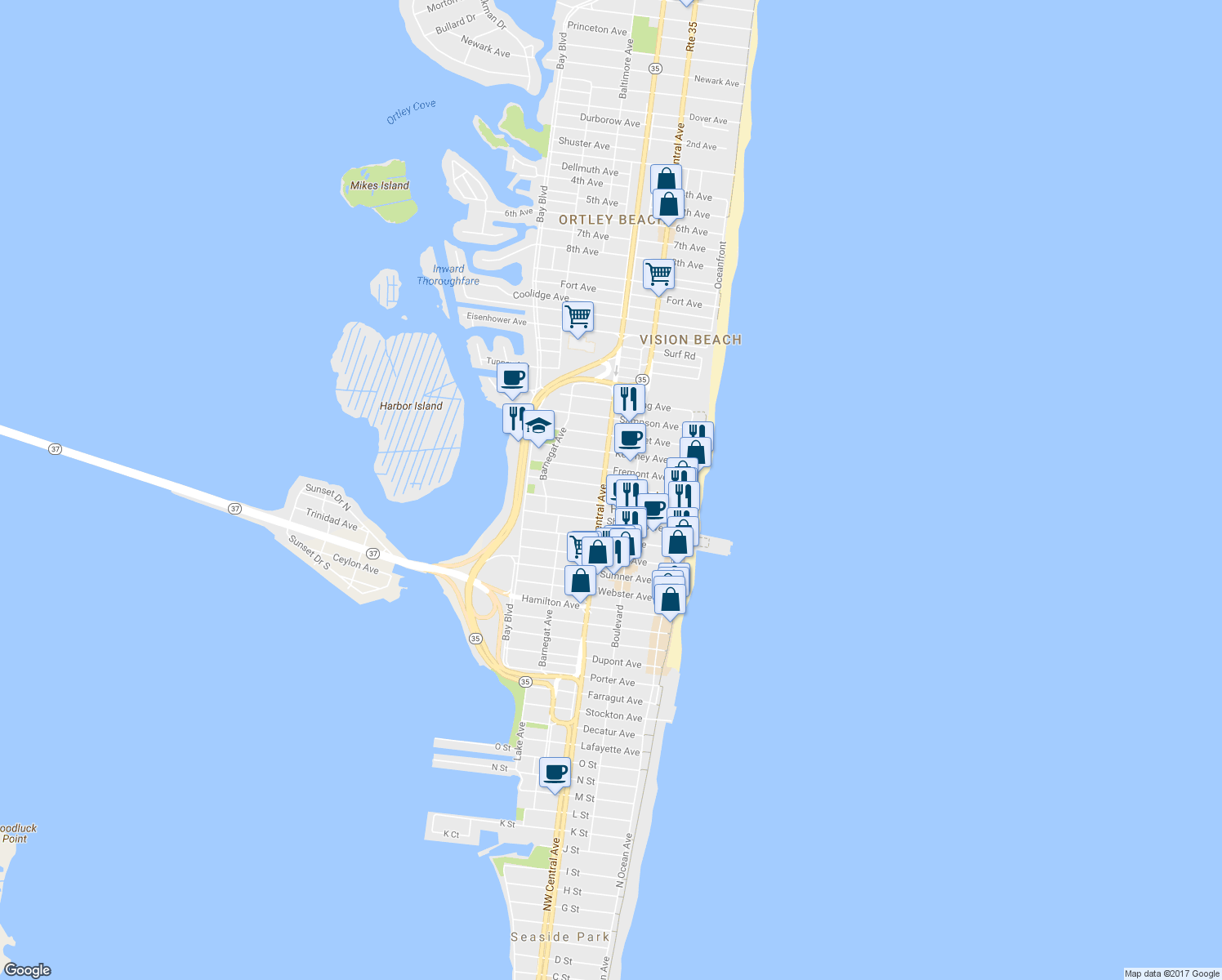 map of restaurants, bars, coffee shops, grocery stores, and more near 129 Hancock Avenue in Seaside Heights