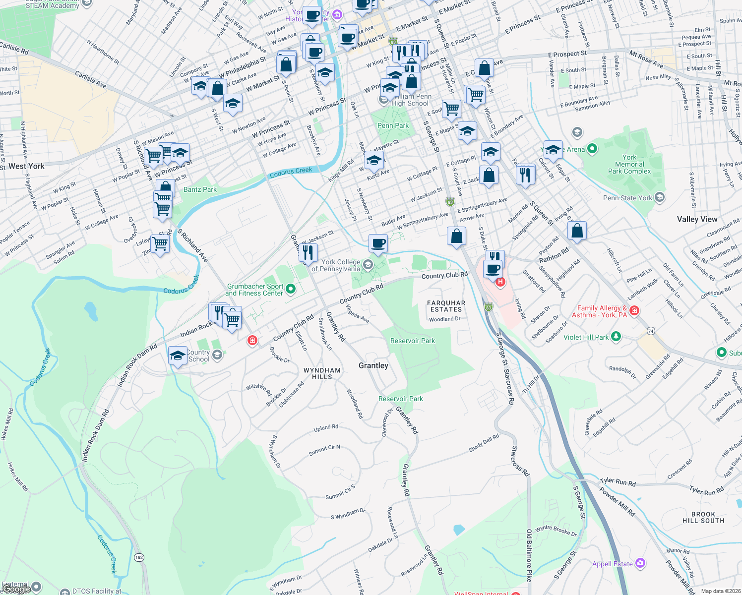 map of restaurants, bars, coffee shops, grocery stores, and more near 458 Country Club Rd in York