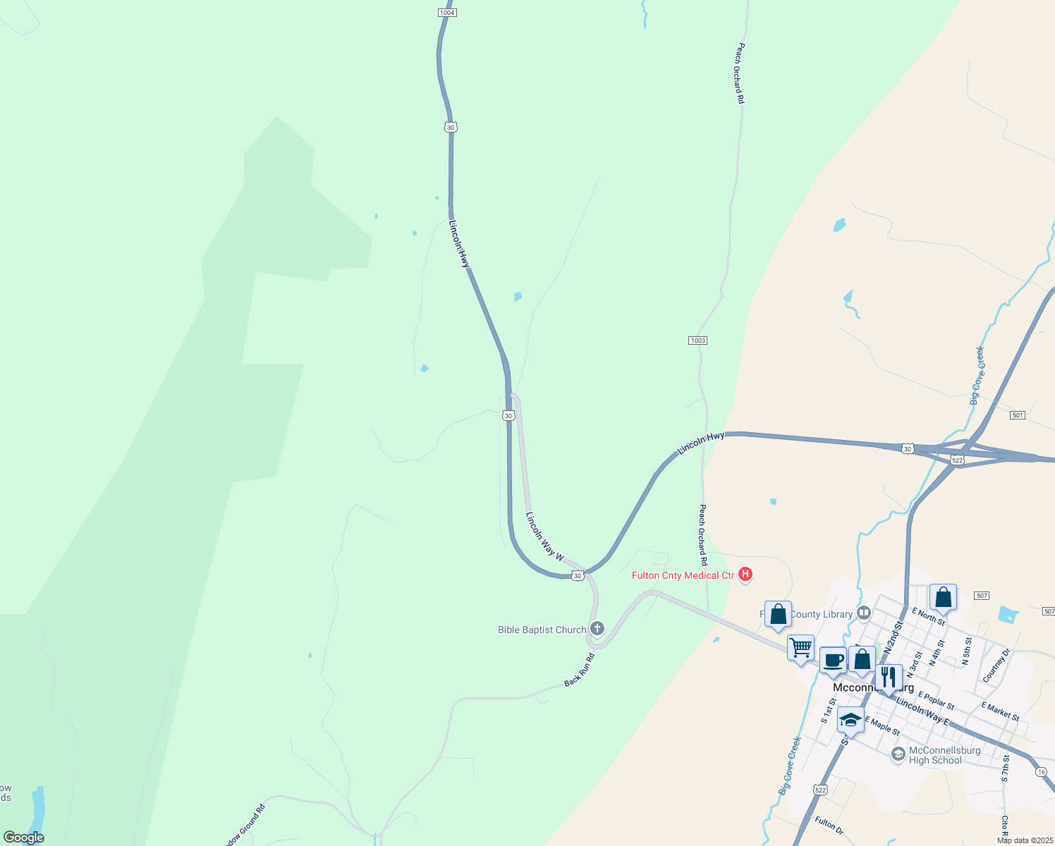 map of restaurants, bars, coffee shops, grocery stores, and more near 1828 Lincoln Way West in McConnellsburg