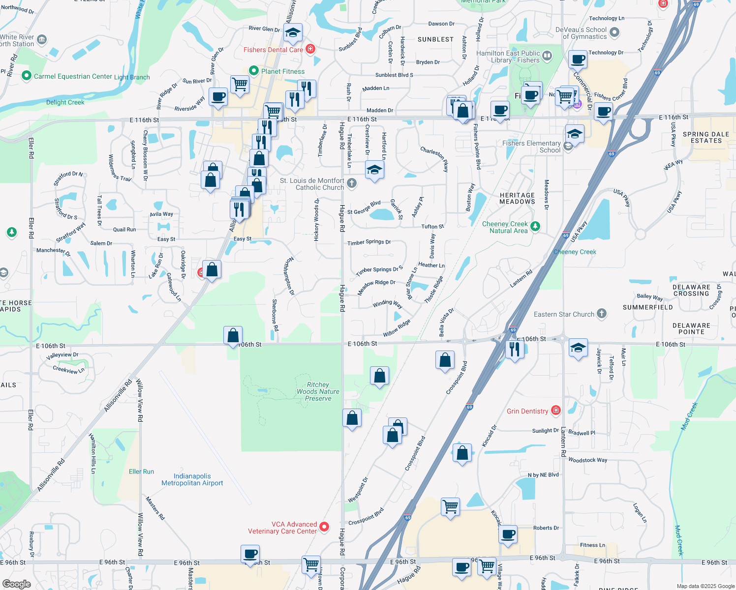 map of restaurants, bars, coffee shops, grocery stores, and more near 10722 Indigo Court in Fishers