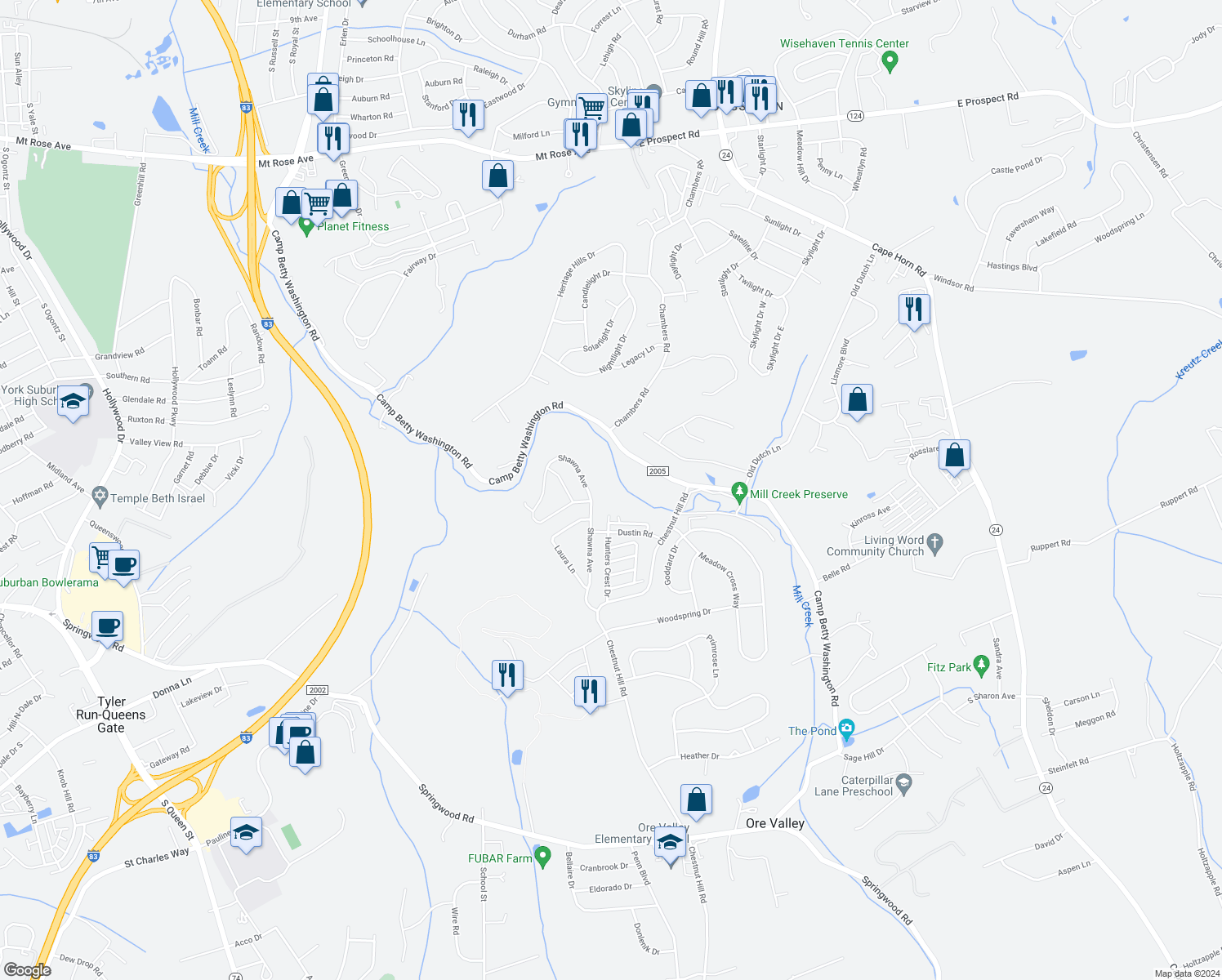 map of restaurants, bars, coffee shops, grocery stores, and more near 714 Shawna Avenue in York