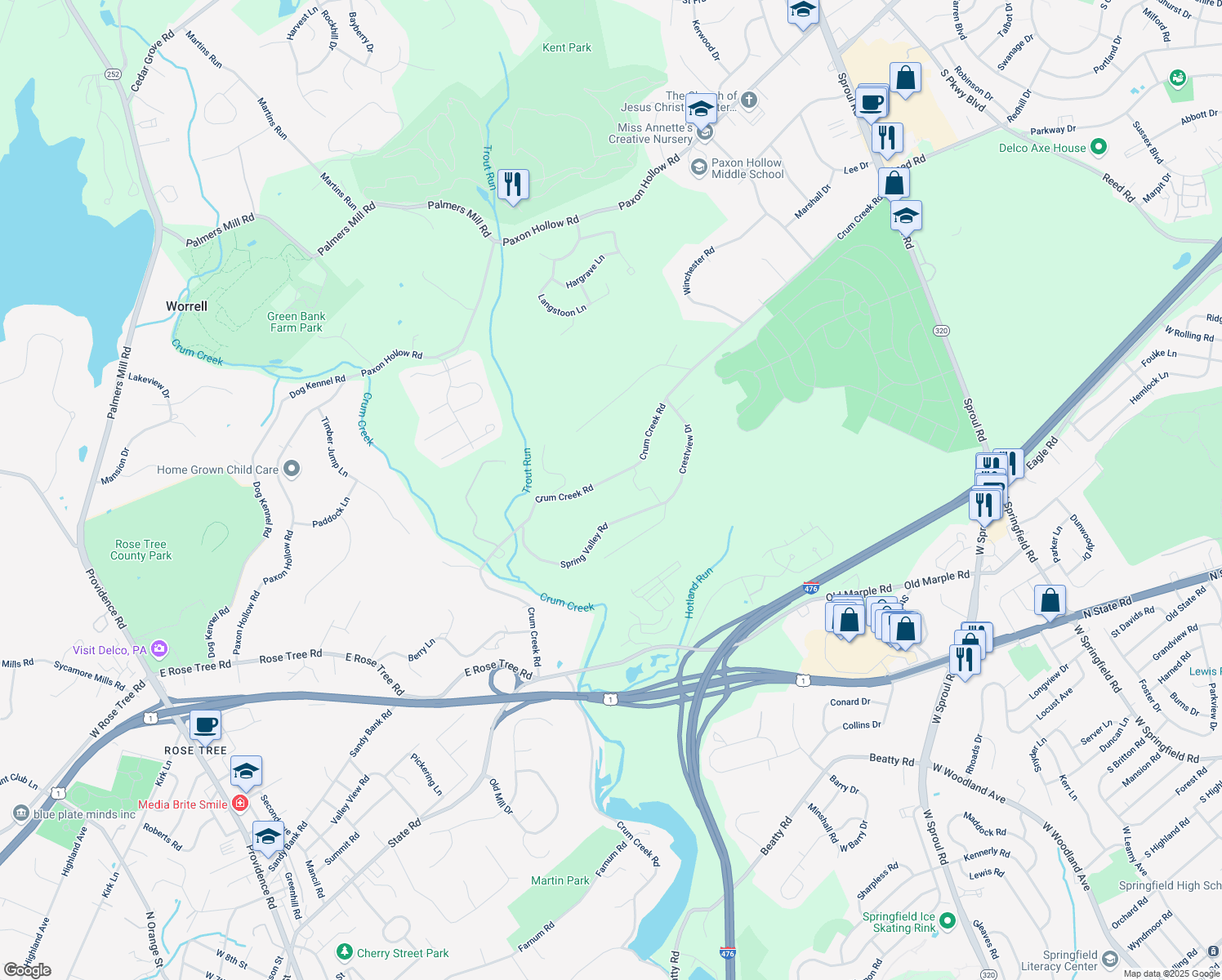 map of restaurants, bars, coffee shops, grocery stores, and more near 821 Crum Creek Rd in Springfield