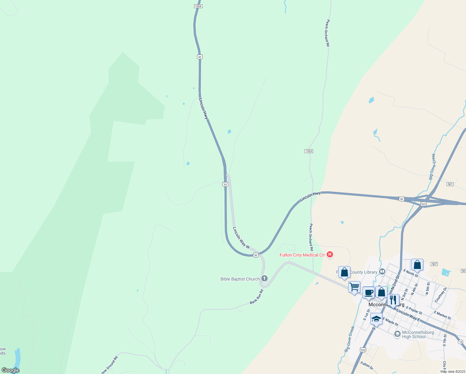 map of restaurants, bars, coffee shops, grocery stores, and more near 1828 Lincoln Way West in McConnellsburg