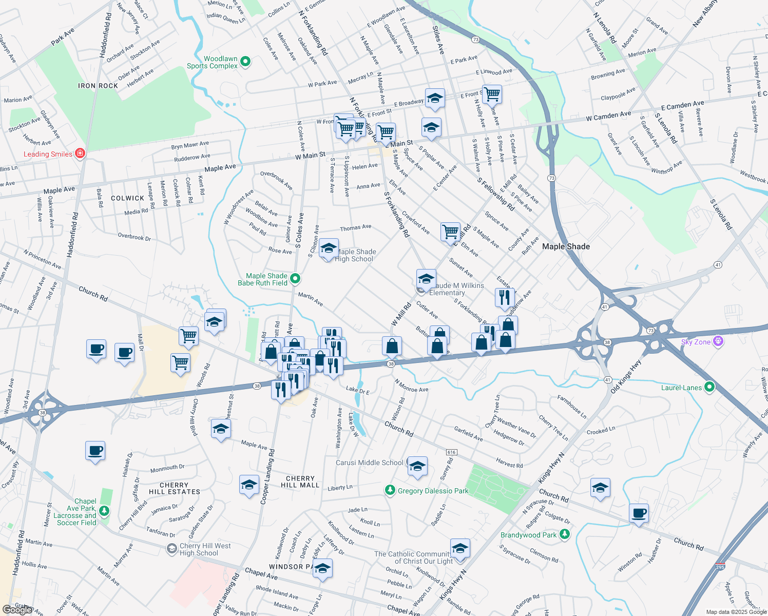 map of restaurants, bars, coffee shops, grocery stores, and more near 466 Buttonwood Avenue in Maple Shade Township