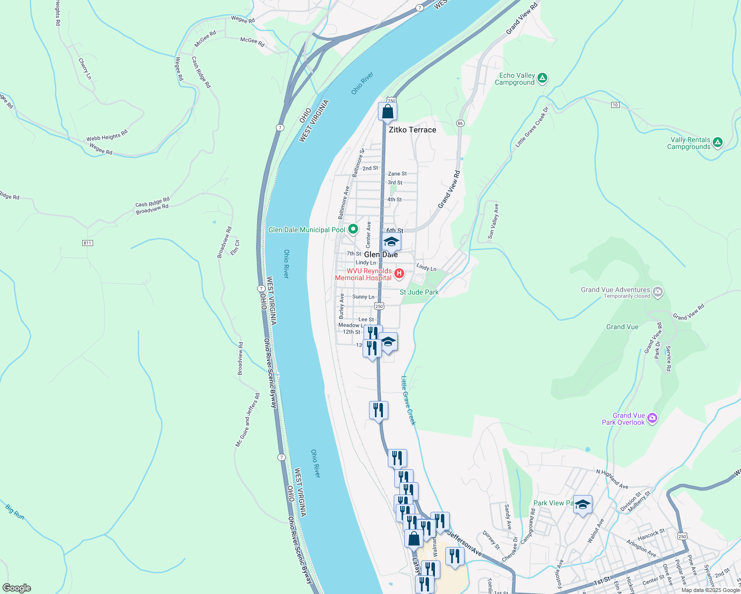 map of restaurants, bars, coffee shops, grocery stores, and more near Sunny Ln in Glen Dale