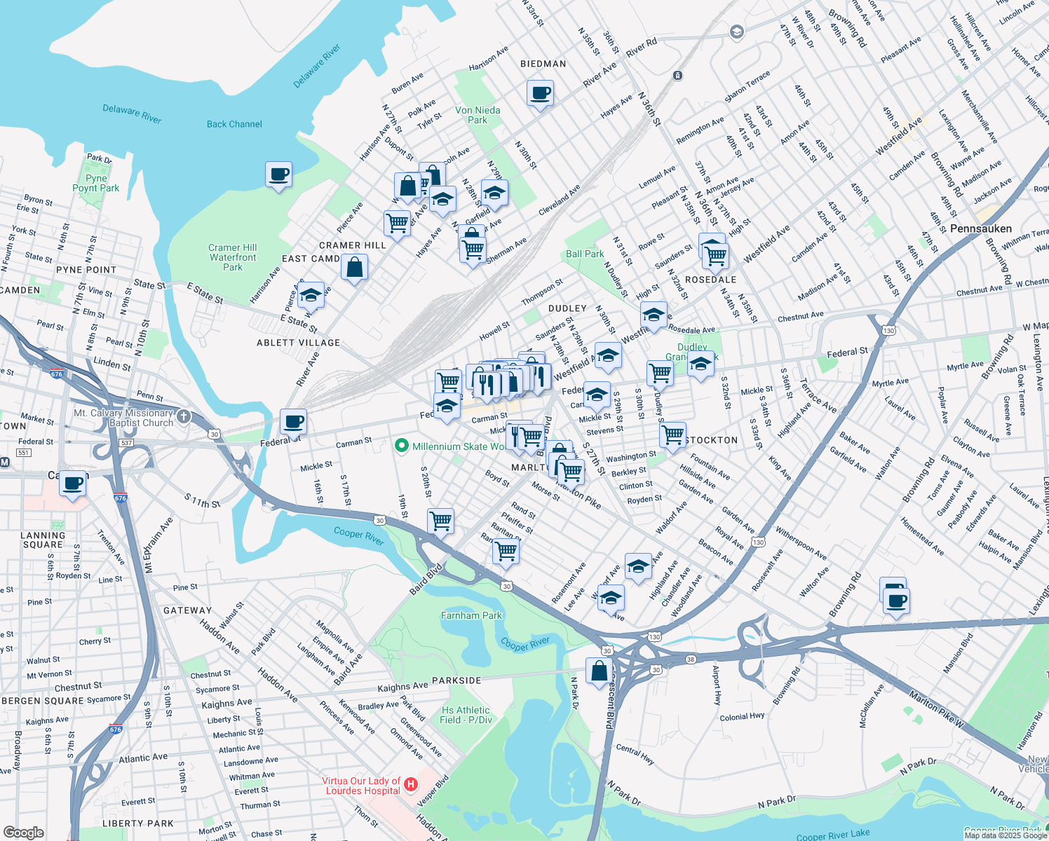 map of restaurants, bars, coffee shops, grocery stores, and more near 72 South 26th Street in Camden