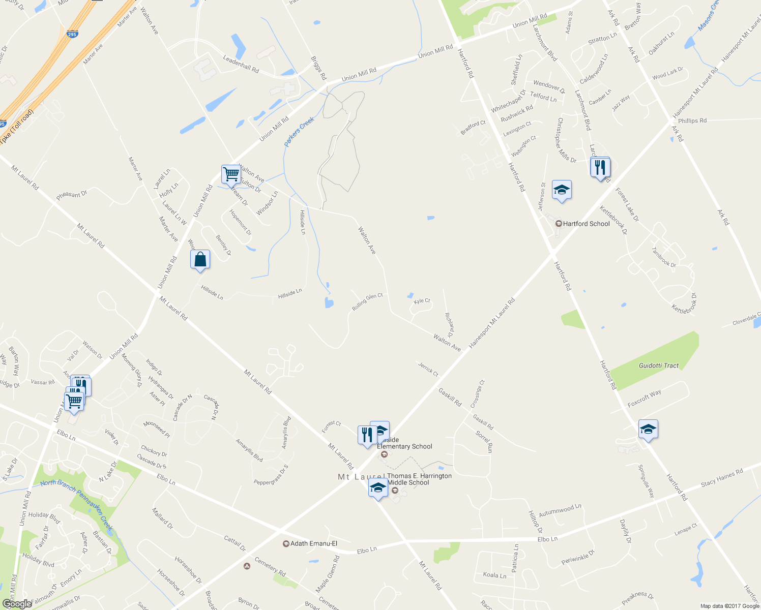 map of restaurants, bars, coffee shops, grocery stores, and more near 651 Walton Avenue in Mount Laurel
