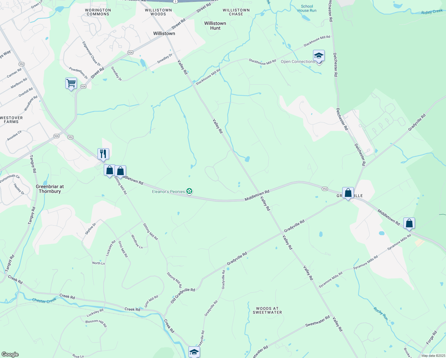 map of restaurants, bars, coffee shops, grocery stores, and more near 1017 Brick House Farm Lane in Newtown Square