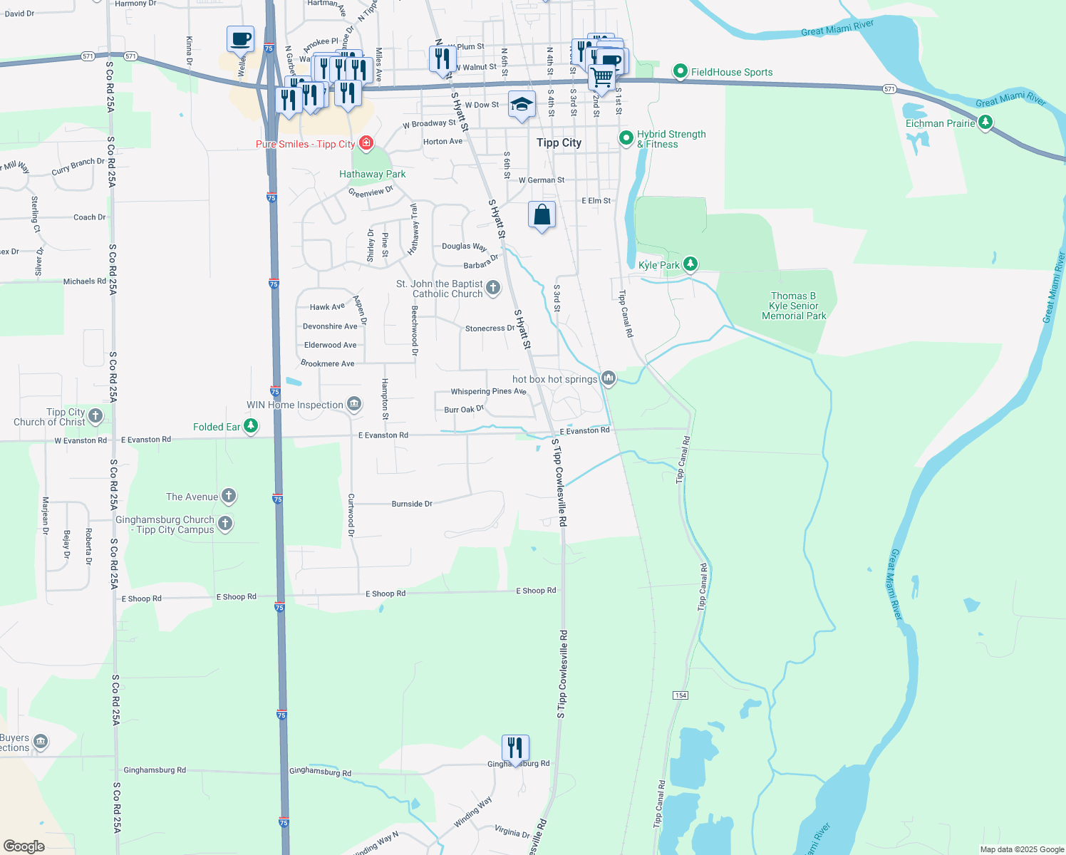 map of restaurants, bars, coffee shops, grocery stores, and more near 550 Tallow Tree Way in Tipp City
