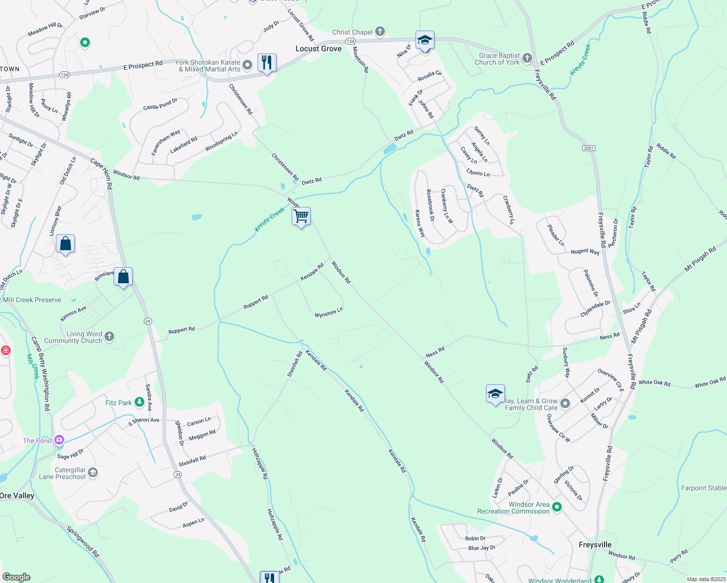 map of restaurants, bars, coffee shops, grocery stores, and more near 745 Windsor Road in Red Lion