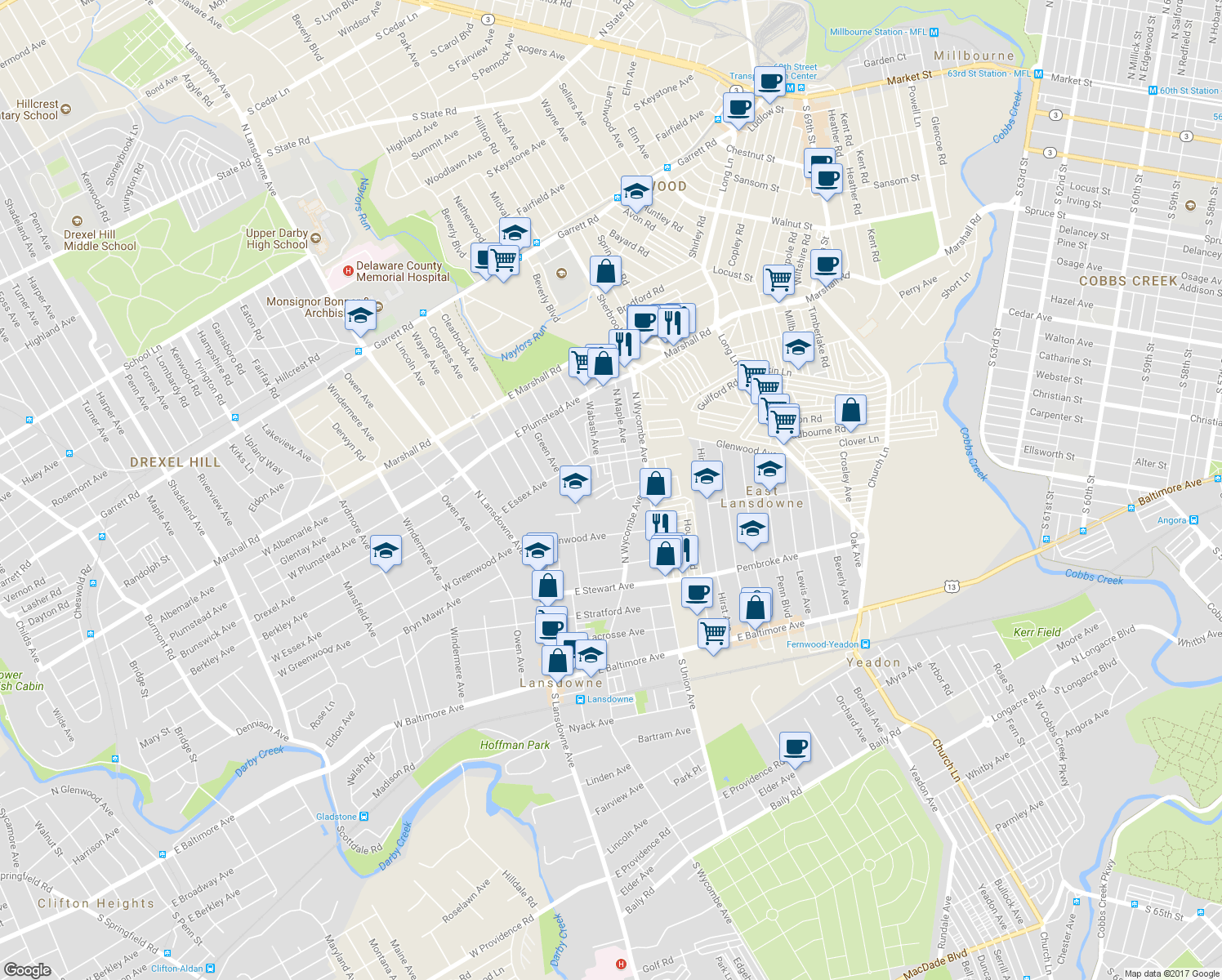 map of restaurants, bars, coffee shops, grocery stores, and more near 182 Hansell Road in Lansdowne