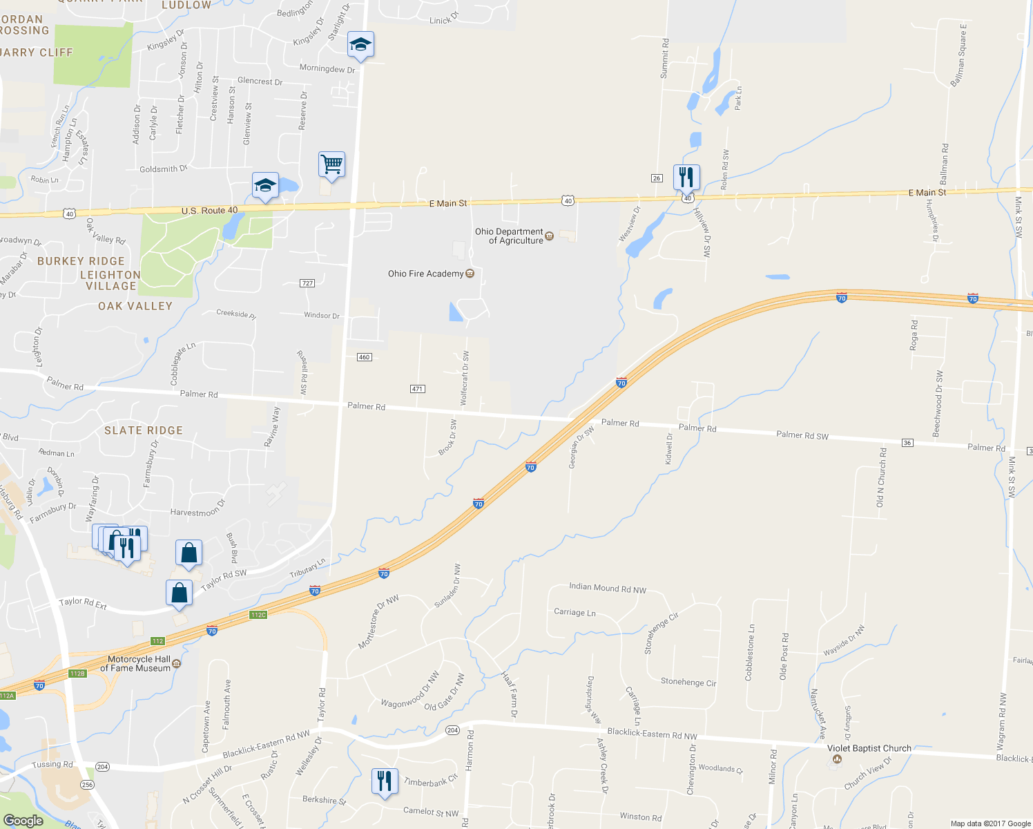 map of restaurants, bars, coffee shops, grocery stores, and more near 14787 Palmer Road in Reynoldsburg