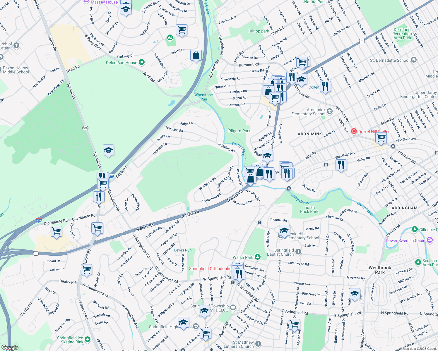 map of restaurants, bars, coffee shops, grocery stores, and more near 458 Northcroft Rd in Springfield
