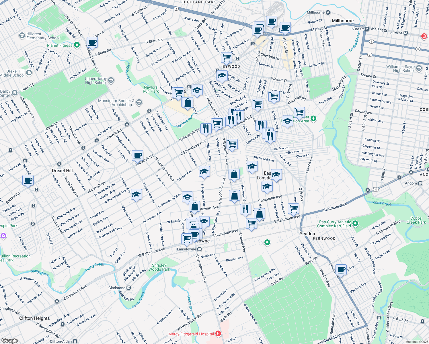map of restaurants, bars, coffee shops, grocery stores, and more near 164 Woodland Avenue in Lansdowne