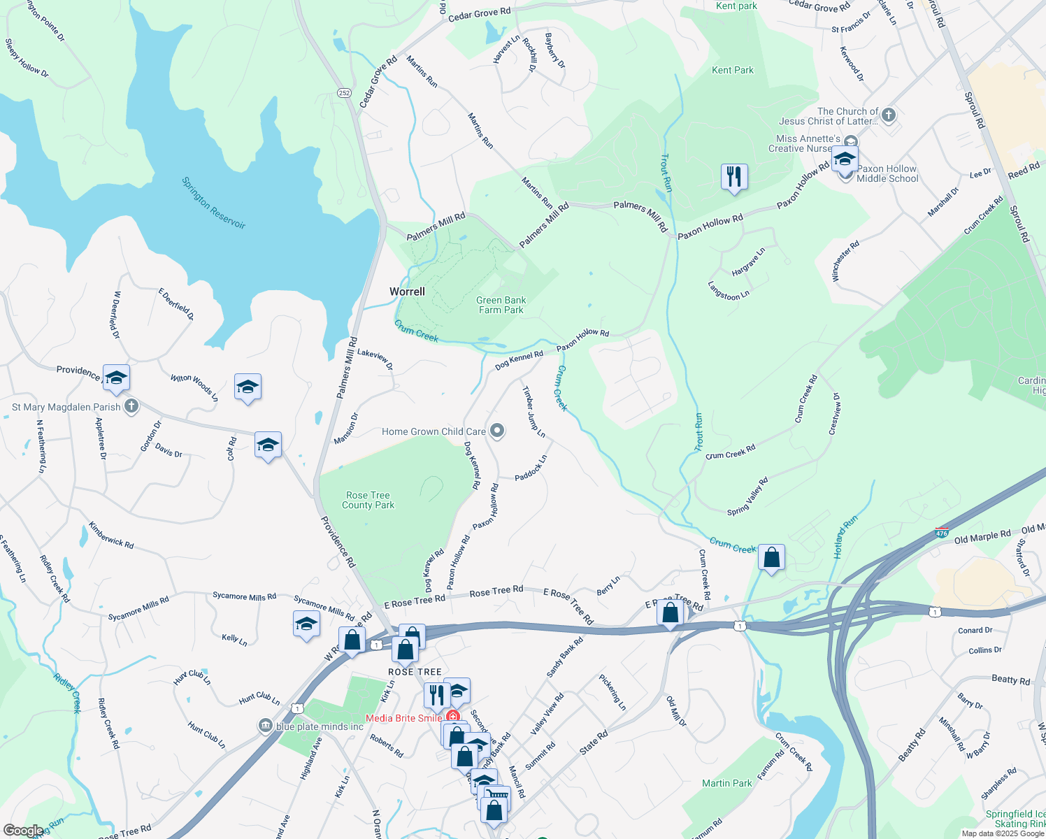 map of restaurants, bars, coffee shops, grocery stores, and more near 311 Timber Jump Lane in Media