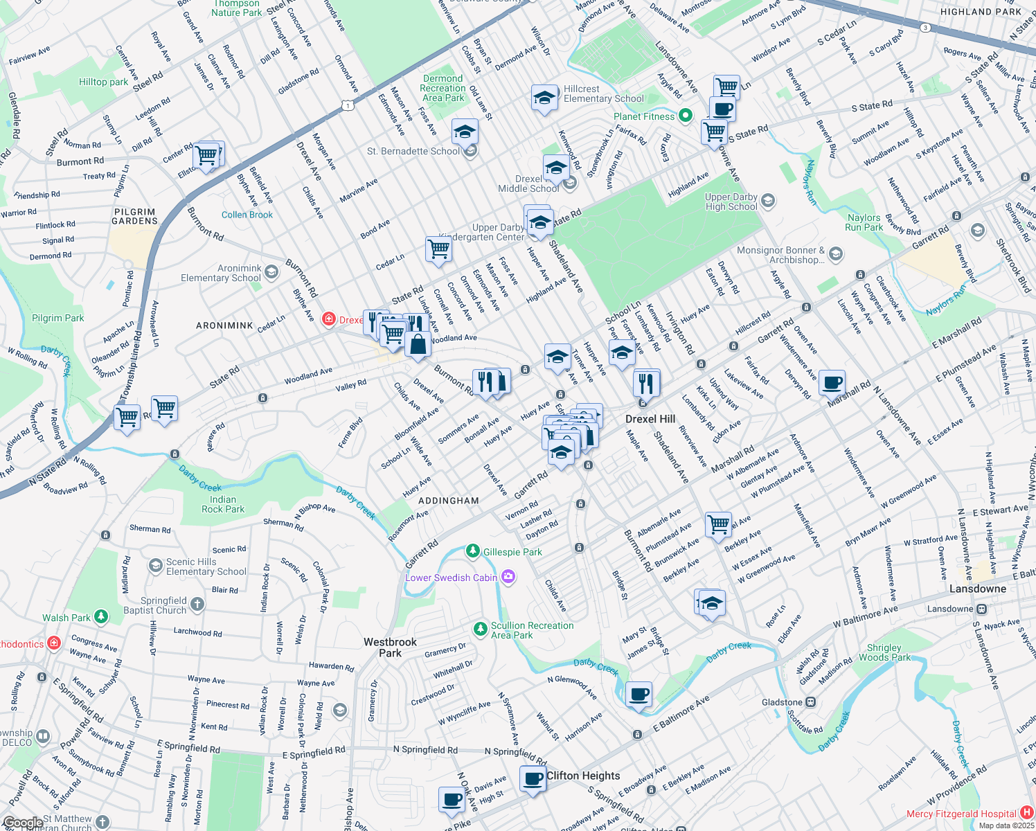 map of restaurants, bars, coffee shops, grocery stores, and more near 3815 Huey Avenue in Upper Darby