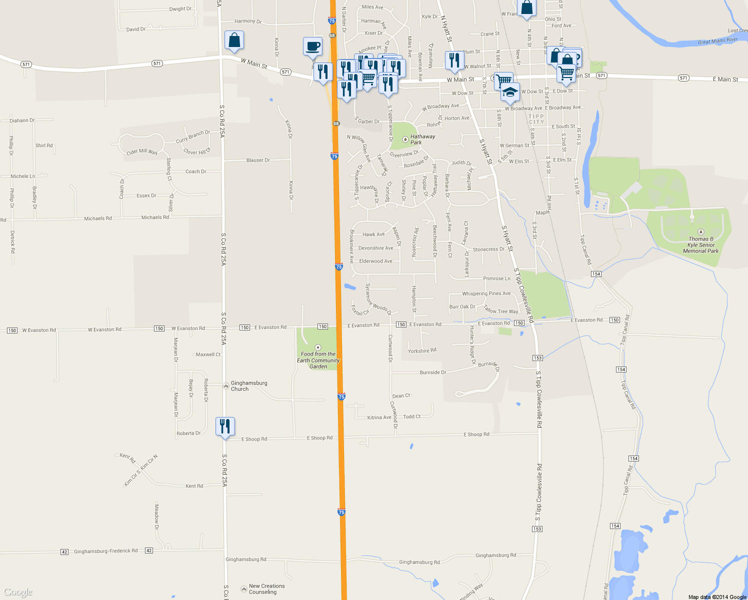 map of restaurants, bars, coffee shops, grocery stores, and more near 872 Sycamore Woods Drive in Tipp City