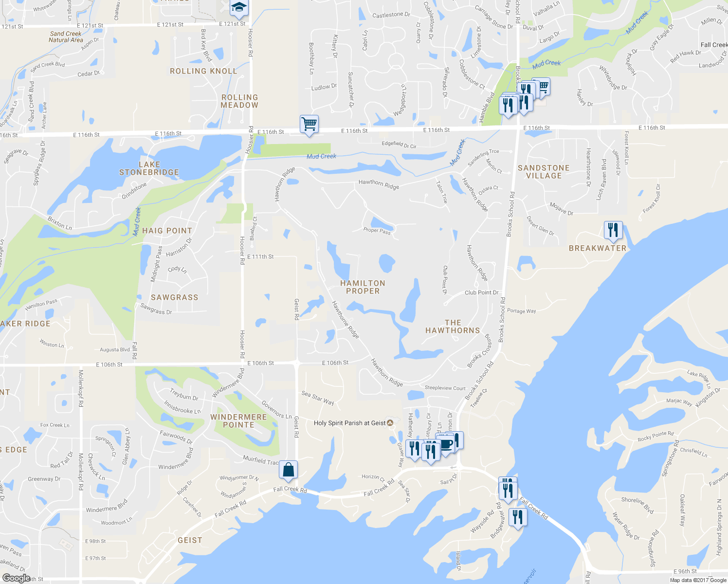 map of restaurants, bars, coffee shops, grocery stores, and more near 10947 Preservation Point in Fishers