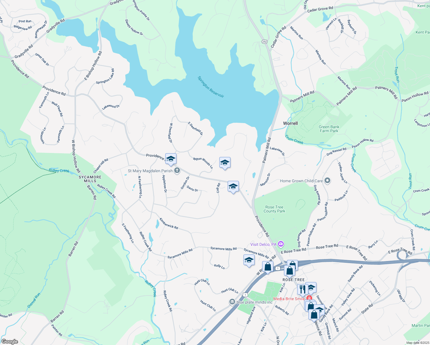 map of restaurants, bars, coffee shops, grocery stores, and more near 106 Wilton Woods Lane in Media