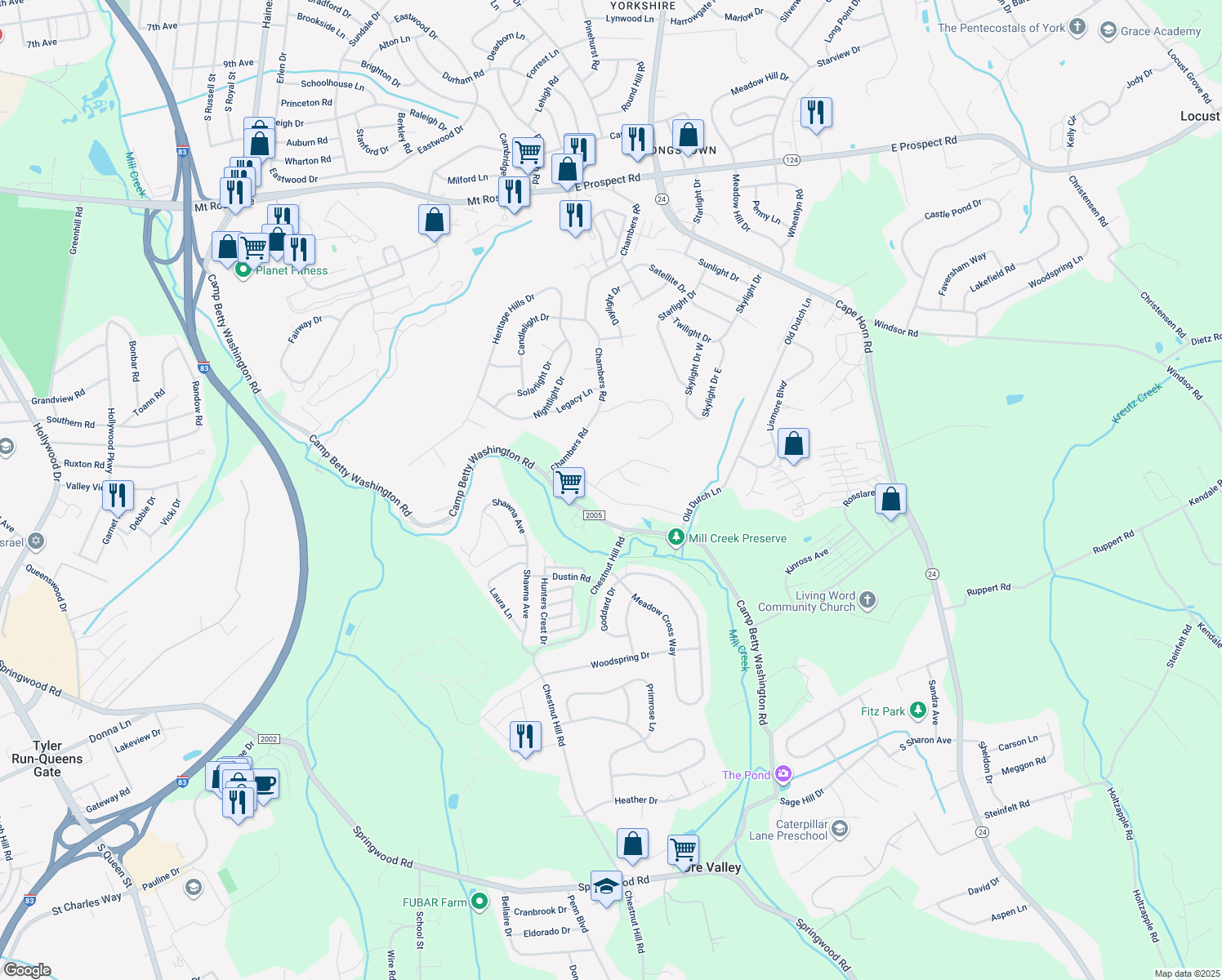map of restaurants, bars, coffee shops, grocery stores, and more near 1745 Stone Hill Drive in York