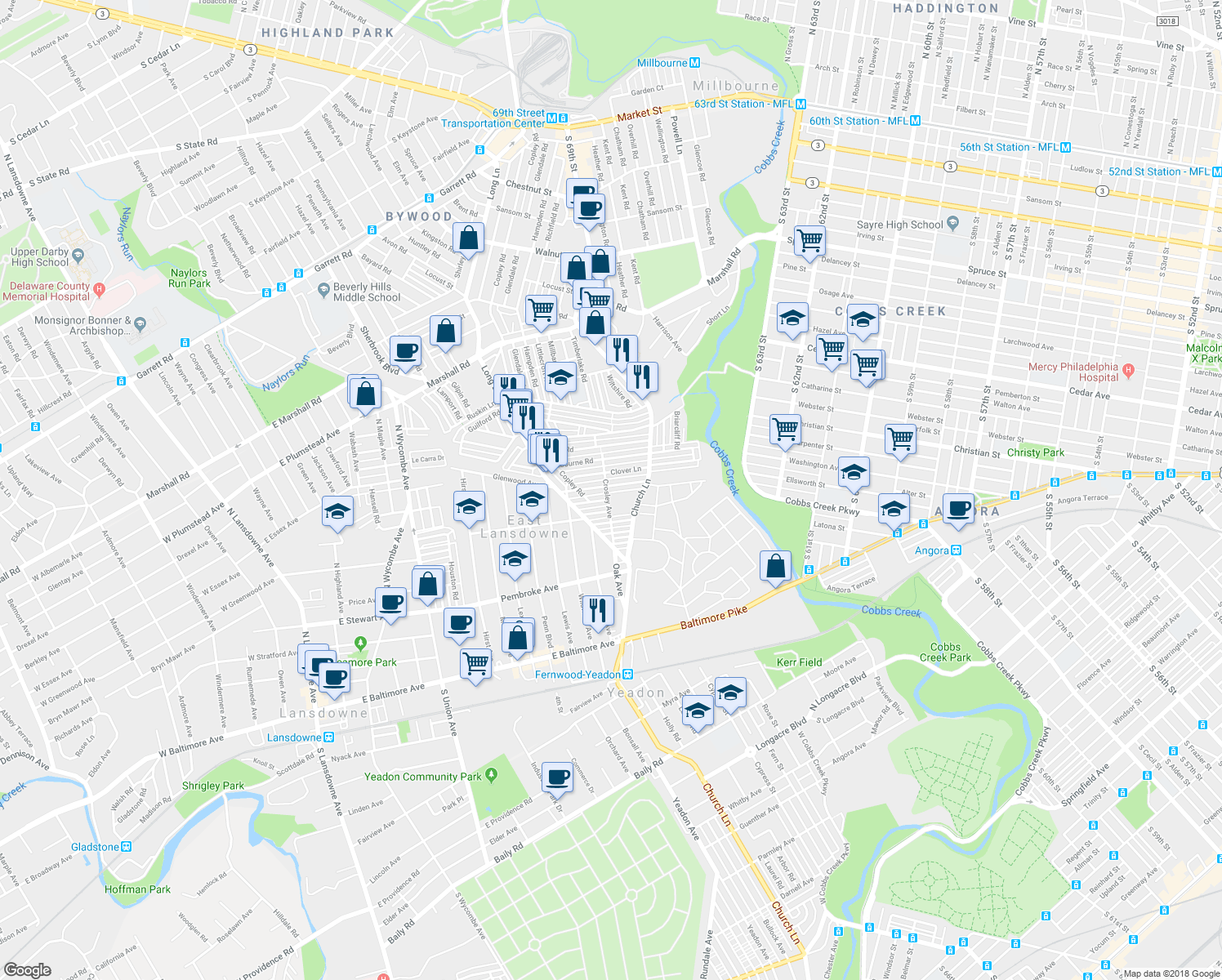 map of restaurants, bars, coffee shops, grocery stores, and more near 7072 Greenwood Avenue in Upper Darby