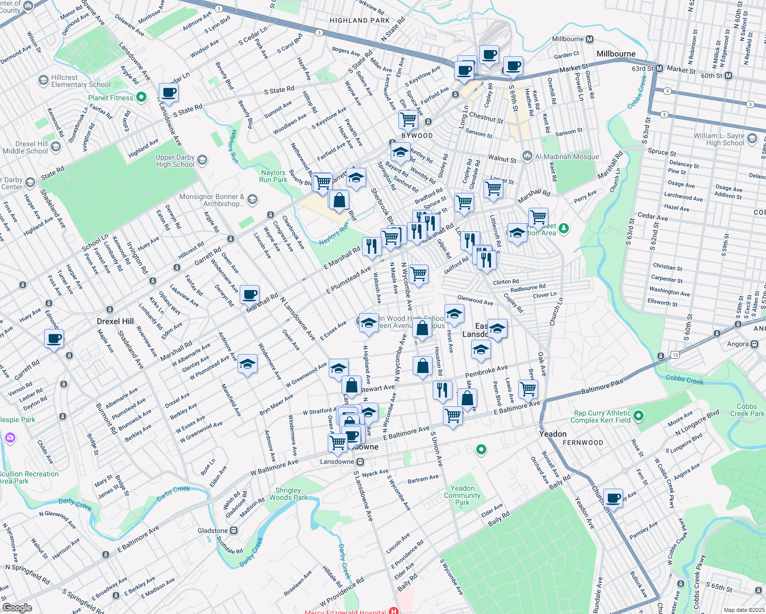 map of restaurants, bars, coffee shops, grocery stores, and more near 148 East Essex Avenue in Lansdowne