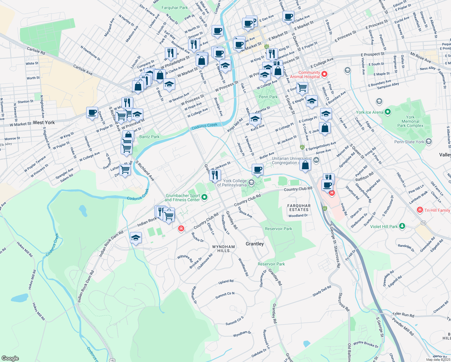 map of restaurants, bars, coffee shops, grocery stores, and more near 510 West Springettsbury Avenue in York
