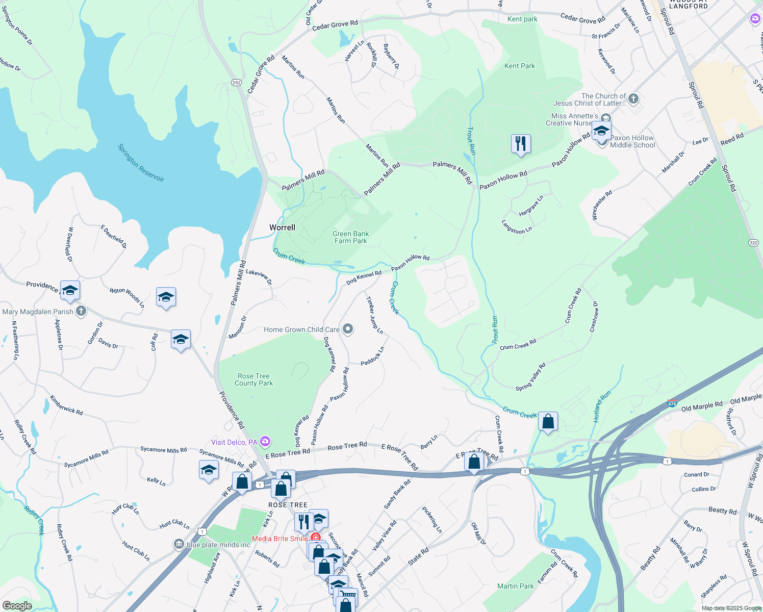 map of restaurants, bars, coffee shops, grocery stores, and more near 320 Timber Jump Lane in Media