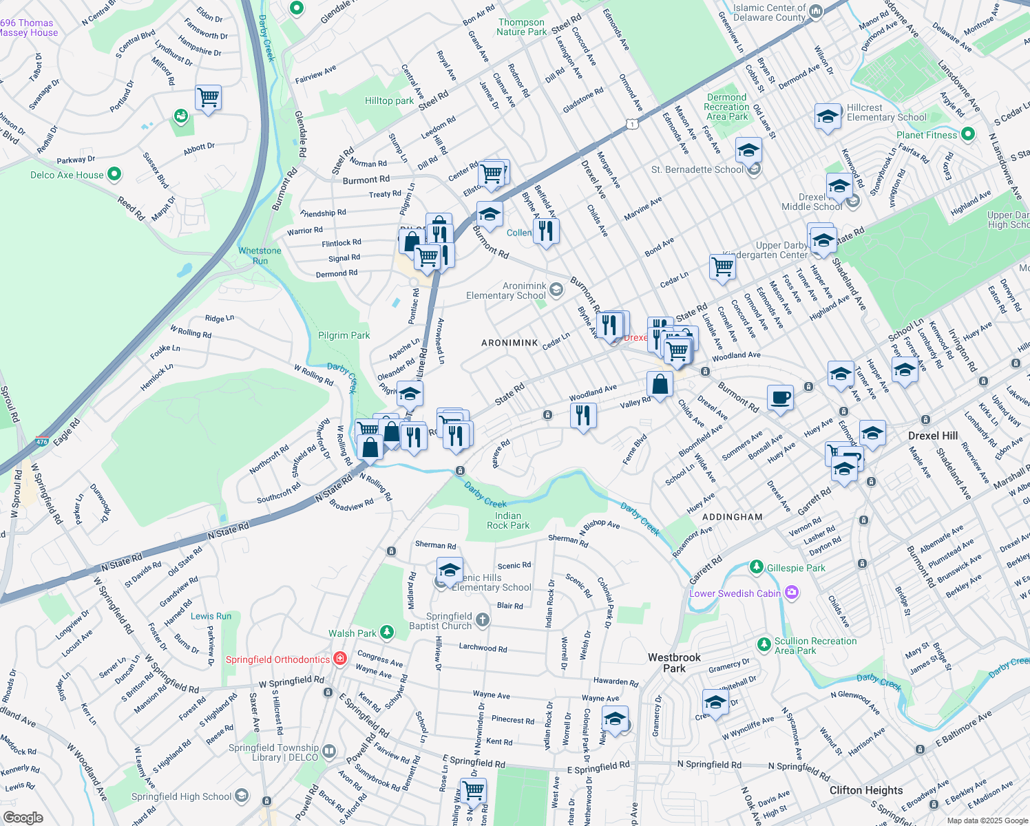 map of restaurants, bars, coffee shops, grocery stores, and more near 712 Clarendon Rd in Drexel Hill