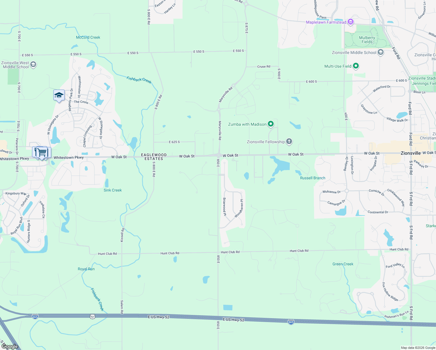 map of restaurants, bars, coffee shops, grocery stores, and more near 6680 850 East in Zionsville