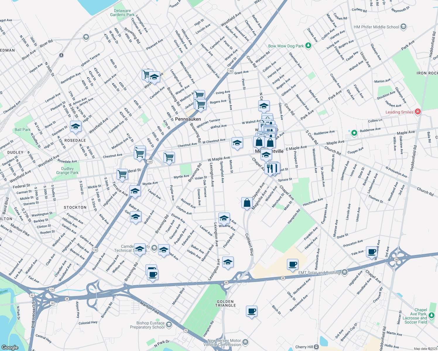 map of restaurants, bars, coffee shops, grocery stores, and more near 220 Volan Street in Merchantville