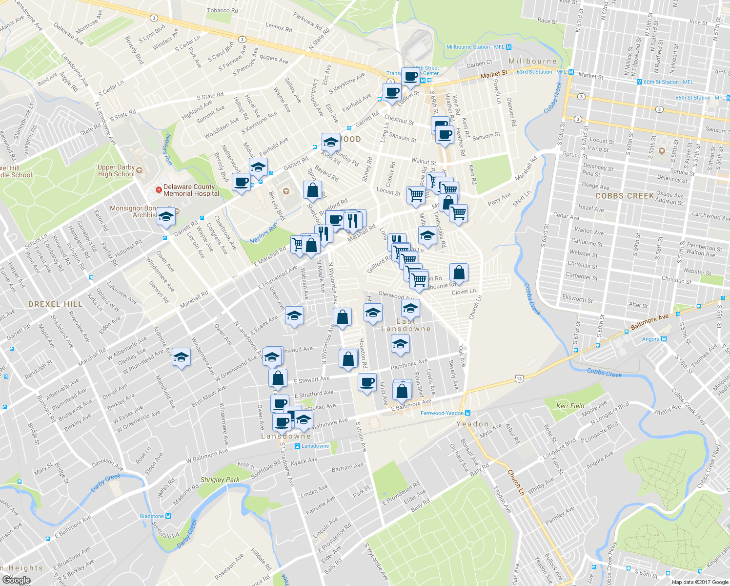 map of restaurants, bars, coffee shops, grocery stores, and more near 266 Hirst Avenue in Lansdowne