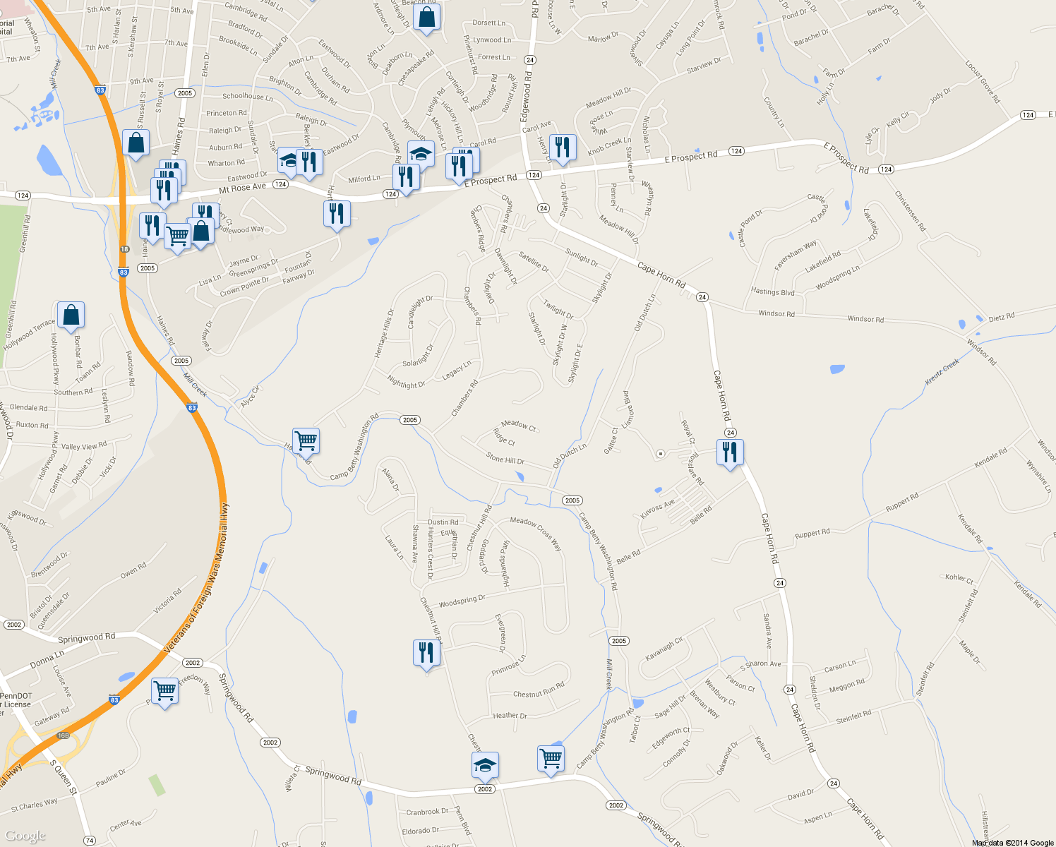 map of restaurants, bars, coffee shops, grocery stores, and more near 873 Meadow Court in York