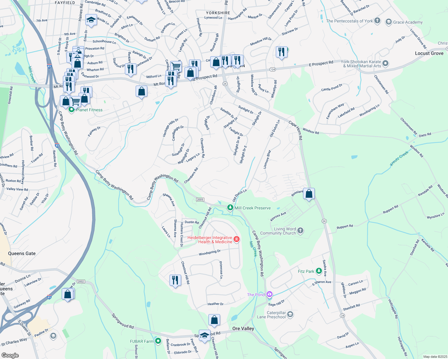 map of restaurants, bars, coffee shops, grocery stores, and more near 873 Meadow Court in York