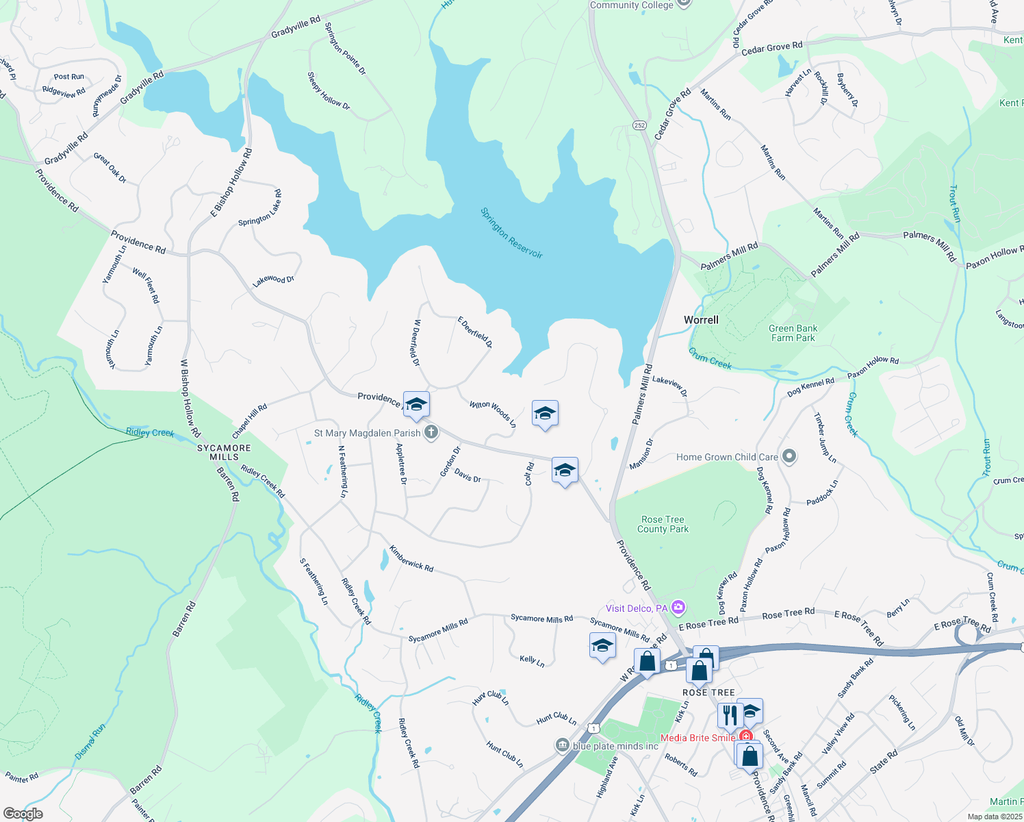 map of restaurants, bars, coffee shops, grocery stores, and more near 110 Wilton Woods Lane in Media