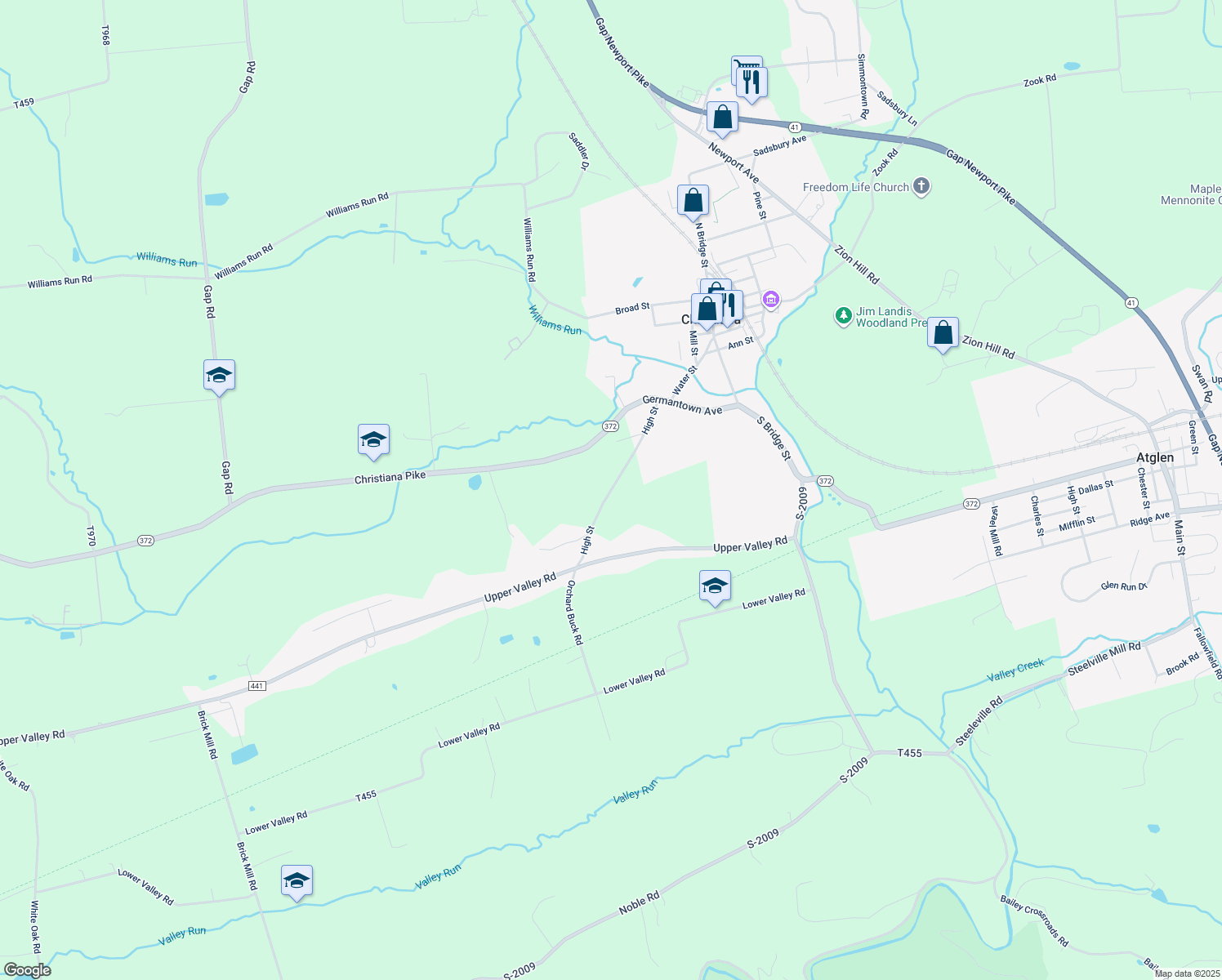 map of restaurants, bars, coffee shops, grocery stores, and more near 35 High St in Christiana