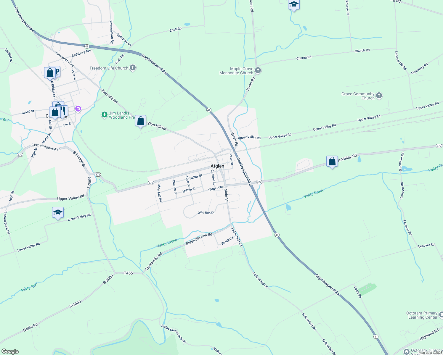 map of restaurants, bars, coffee shops, grocery stores, and more near 324 Main Street in Parkesburg