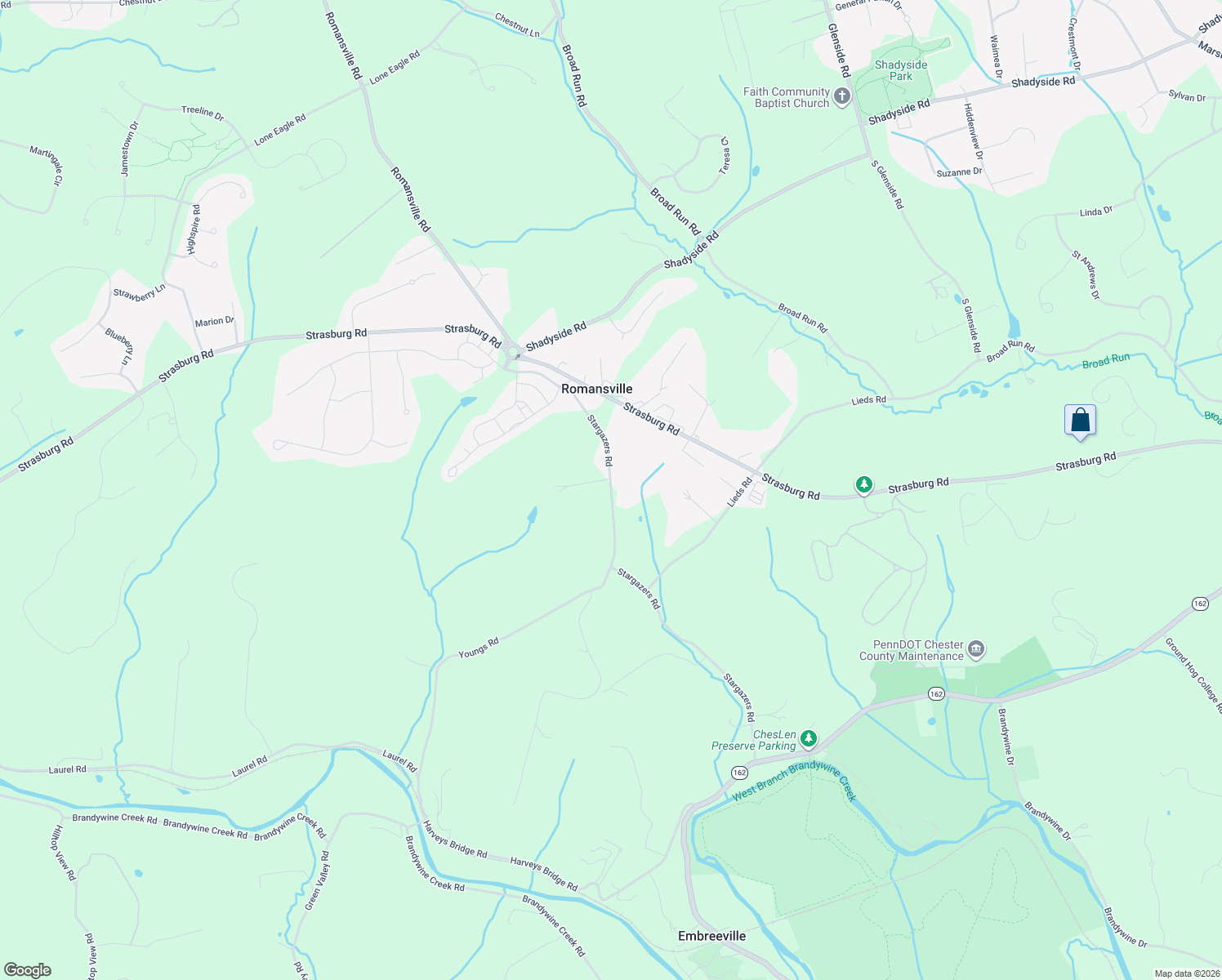 map of restaurants, bars, coffee shops, grocery stores, and more near Stargazer Road in Coatesville