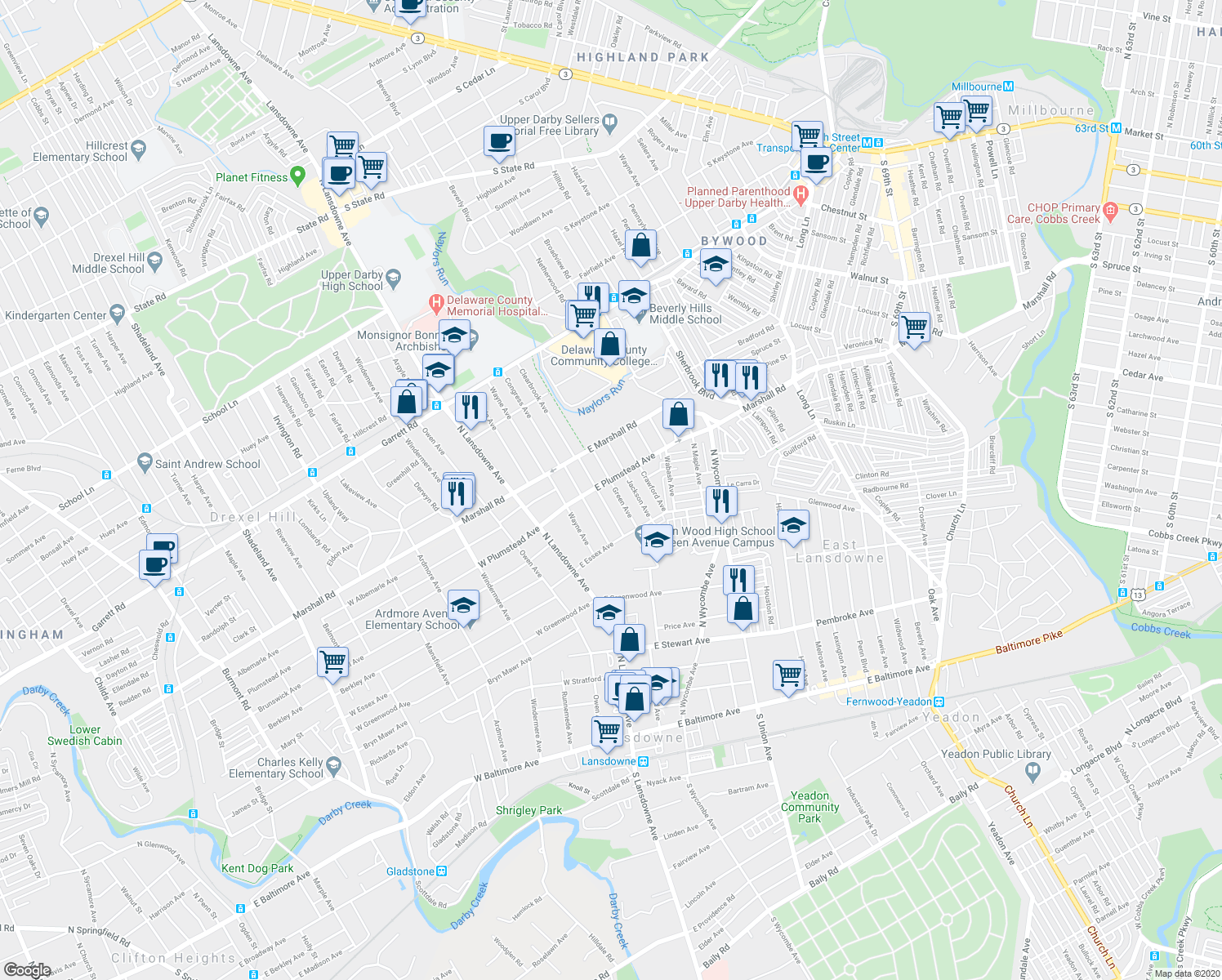 map of restaurants, bars, coffee shops, grocery stores, and more near 260 Green Avenue in Lansdowne