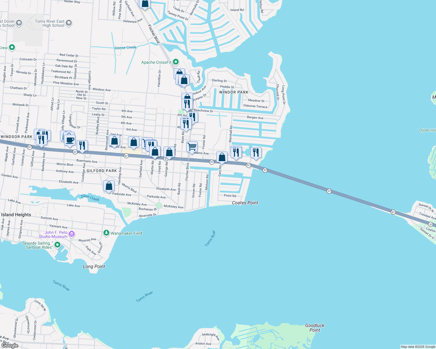 map of restaurants, bars, coffee shops, grocery stores, and more near 100 Gary Road in Toms River