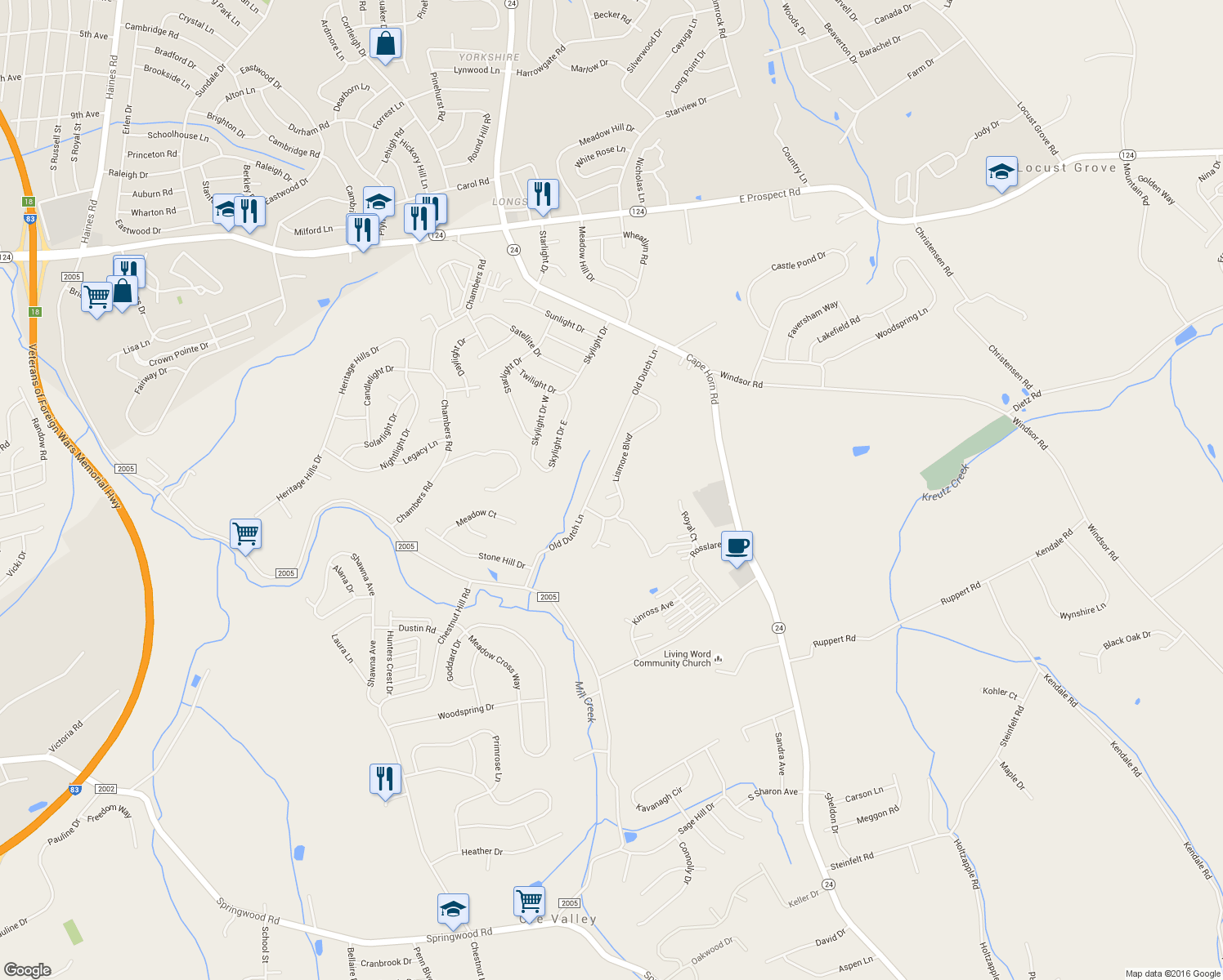 map of restaurants, bars, coffee shops, grocery stores, and more near 872 Traymore Village in York