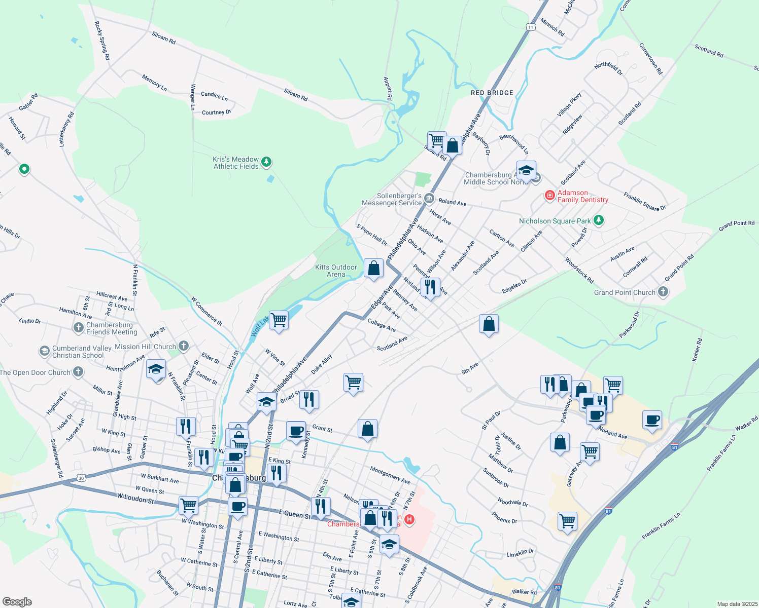 map of restaurants, bars, coffee shops, grocery stores, and more near 102 Park Avenue in Chambersburg