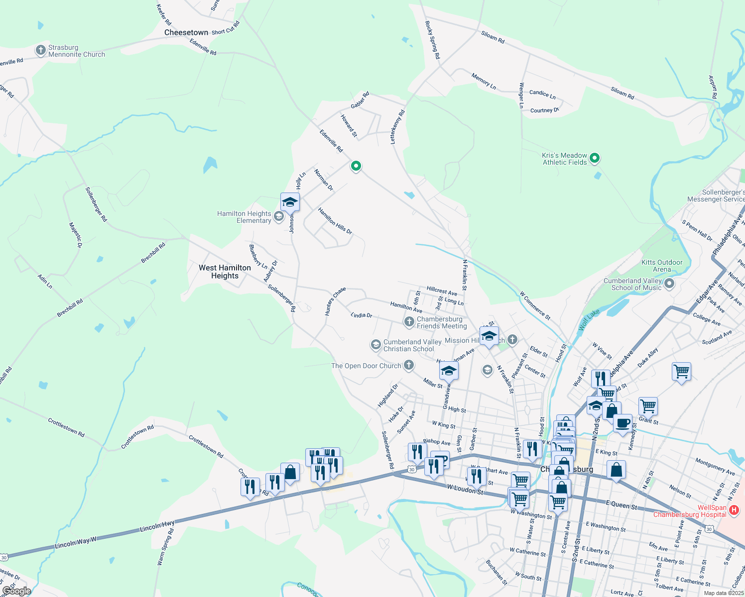 map of restaurants, bars, coffee shops, grocery stores, and more near 715 Hamilton Ave in Chambersburg