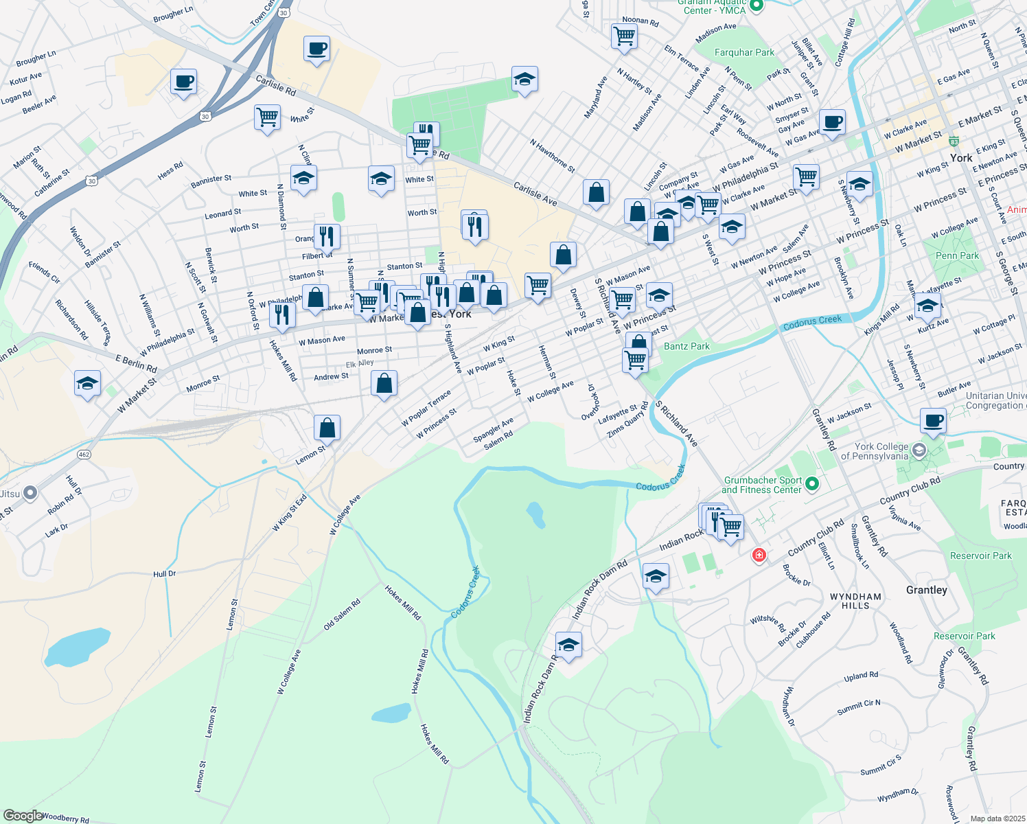 map of restaurants, bars, coffee shops, grocery stores, and more near 1320 West College Avenue in York