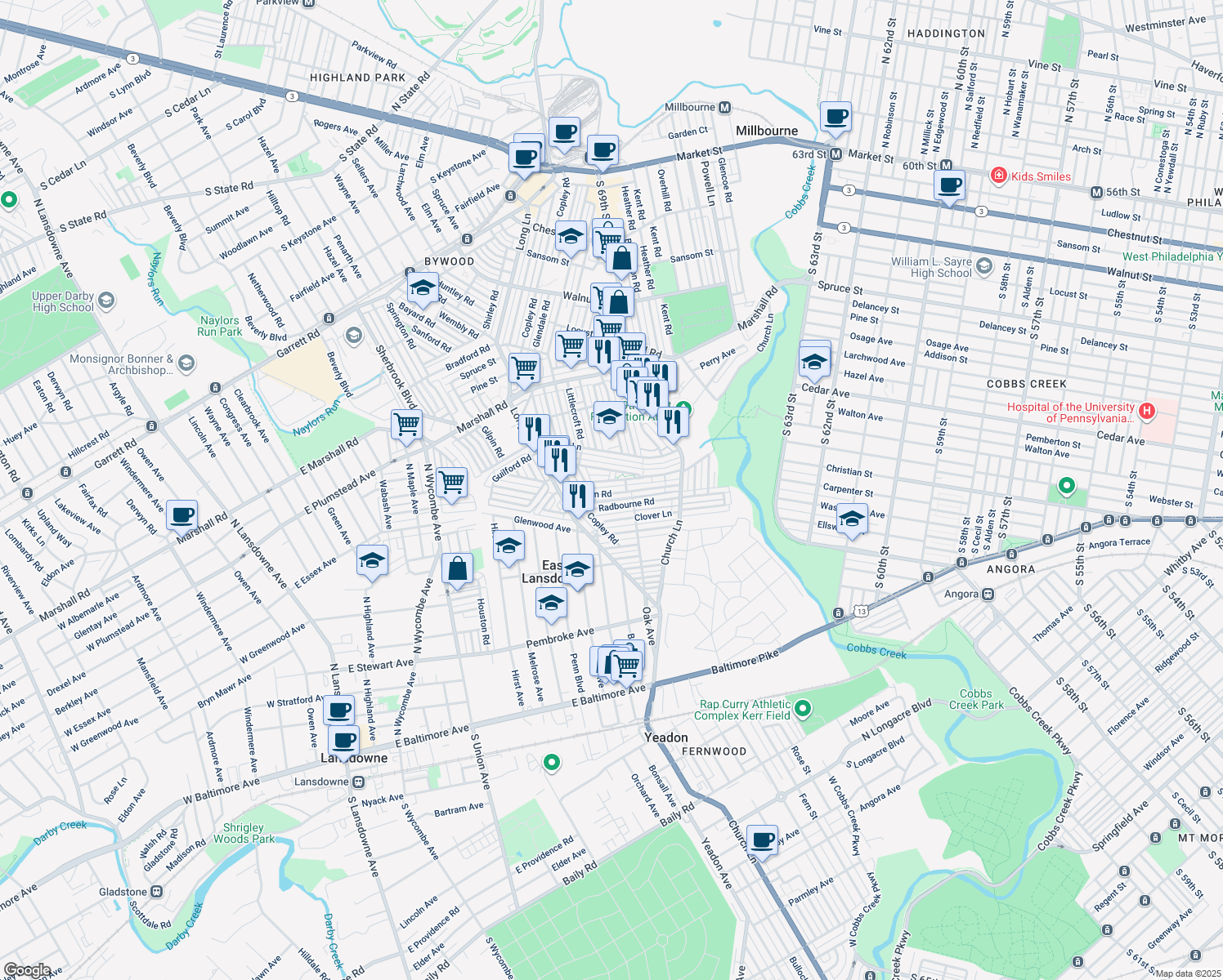 map of restaurants, bars, coffee shops, grocery stores, and more near 7023 Clinton Road in Upper Darby