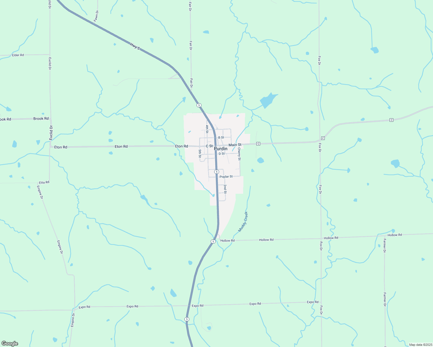 map of restaurants, bars, coffee shops, grocery stores, and more near 3rd Street in Purdin