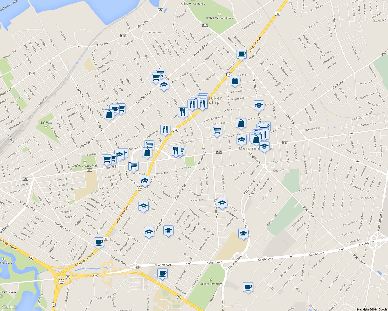 map of restaurants, bars, coffee shops, grocery stores, and more near Linden Ave in Merchantville
