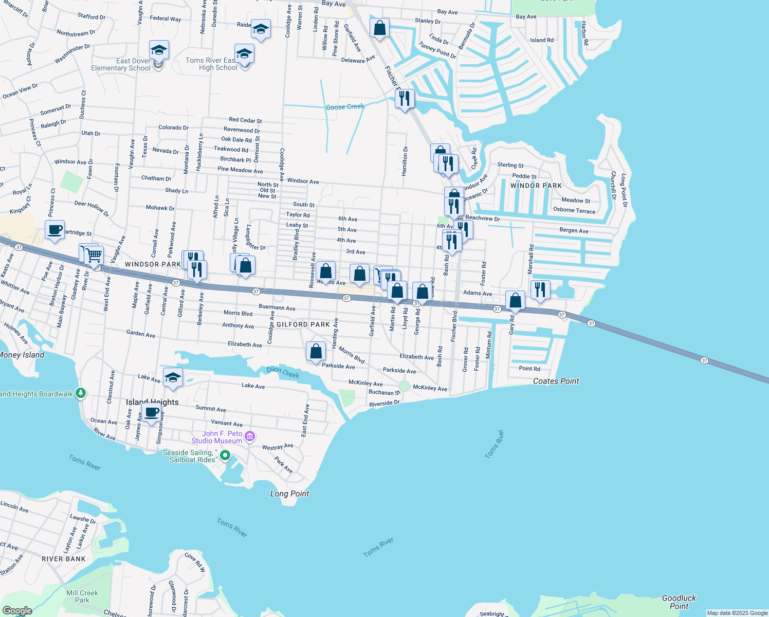 map of restaurants, bars, coffee shops, grocery stores, and more near 1 Swan Boulevard in Toms River