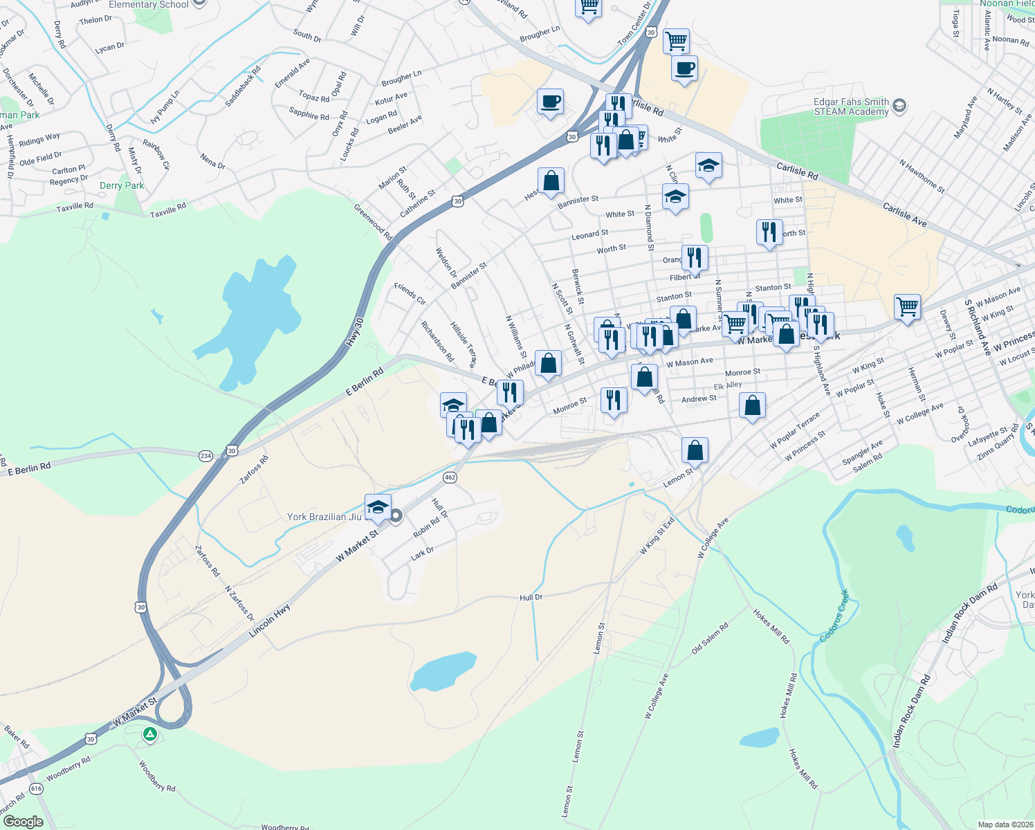 map of restaurants, bars, coffee shops, grocery stores, and more near 2510 West Market Street in York