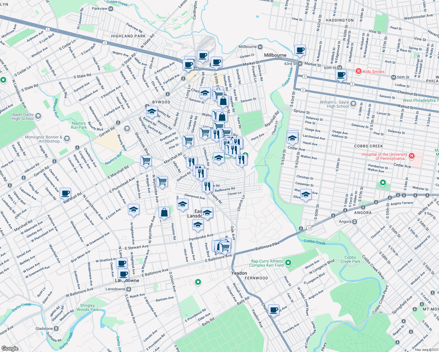 map of restaurants, bars, coffee shops, grocery stores, and more near 7009 Guilford Road in Upper Darby